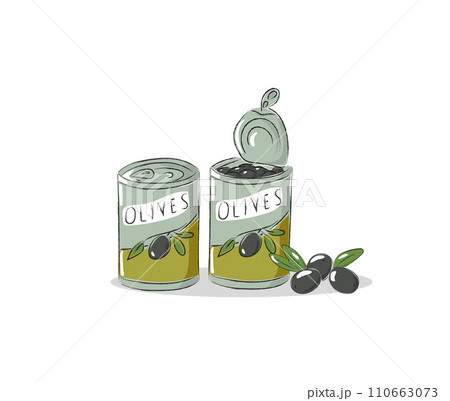 Canned black olives in a tin outline with a branch of olives vector illustration. 110663073