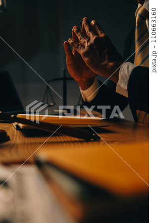 Judge gavel with Justice lawyers having team meeting at law firm background. Concepts of Law and Legal services. Judge gavel with Justice lawyers having team meeting at law firm background. Concepts of Law and Legal services. 110663160