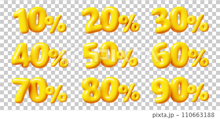 Balloon number with percent sign for sale concept. 3d render illustration set of yellow plastic glossy discount typography. Cartoon bubble element percentage off for special offer promotion. 110663188