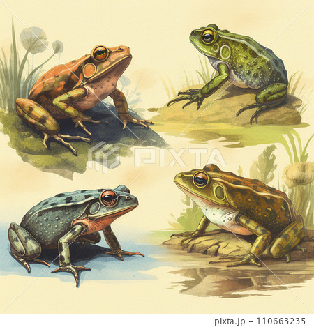 Many frogs, different colors and species, vintage postcard style, retro zoological guide page 110663235