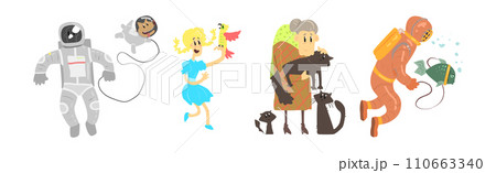 People Character Pet Owner with Domestic Animal Vector Set 110663340