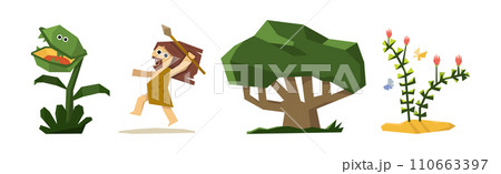 Prehistoric Stone Age Man Character and Plant Vector Set 110663397