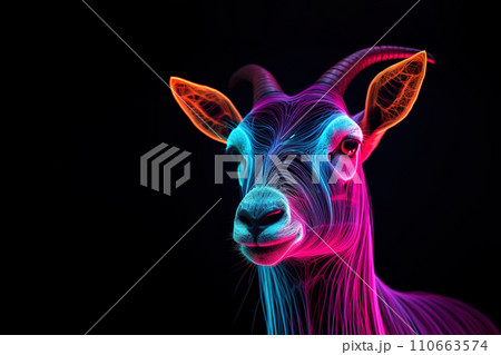 Image of colorful goat with neon lights on black background. Farm animals. 110663574