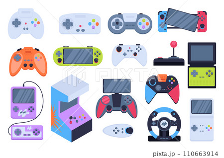 Gamepads mega set in flat design. Bundle elements of different types of video game consoles, joysticks, slot machine and portable gaming accessories. Illustration isolated graphic objects 110663914