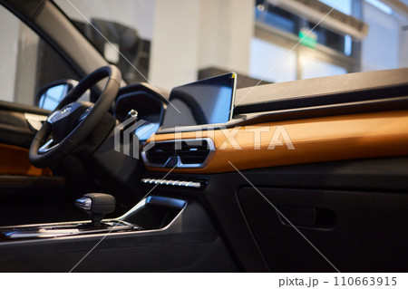 Car inside. Interior of prestige modern car. Comfortable leather seats Car inside. Interior of prestige modern car. Comfortable leather seats 110663915