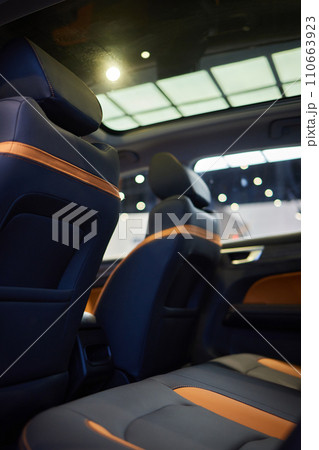 Car inside. Interior of prestige modern car. Comfortable leather seats Car inside. Interior of prestige modern car. Comfortable leather seats 110663923