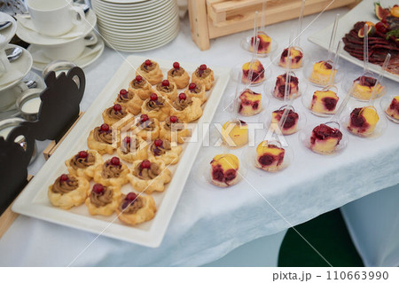 light snacks for the holiday, catering. Various light snacks. Catering plate. Assortment of sandwiches on the buffet table. meat, fish, vegetable canapes. 110663990