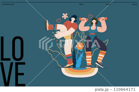 Valentine: Fitness Duo - modern flat vector concept illustration of a couple engaging in a fun aerobics workout together. Metaphor for the strength and vitality of their partnership 110664171