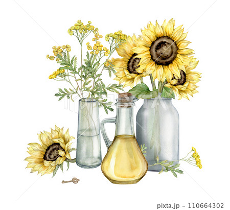 Sunflower oil in glass bottle and bouquet watercolor hand painted. illustration isolate on white background. Natural fresh organic yellow vegetable oil in jar. Pure vegan seasoning. gold key and tansy 110664302