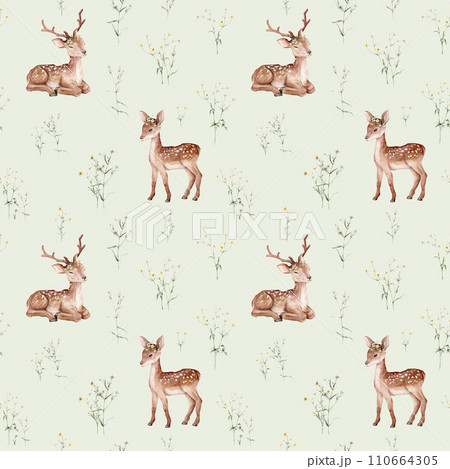 Watercolor seamless pattern baby deer and meadow flowers. Spotted deer isolated on white background. Hand painted wild animal template for fabric. Animal for design print or background. floral branche Watercolor seamless pattern baby deer and meadow flowers. Spotted deer isolated on white background. Hand painted wild animal template for fabric. Animal for design print or background. floral branche 110664305