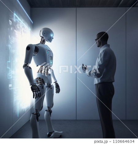 AI-generated content. Generative ai illustration. A robot with blue eye and lights. High quality photo.  110664634