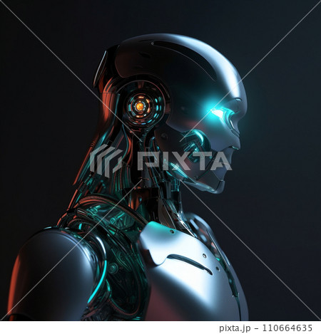 AI-generated content. Generative ai illustration. A robot with blue eye and lights. High quality photo.  110664635