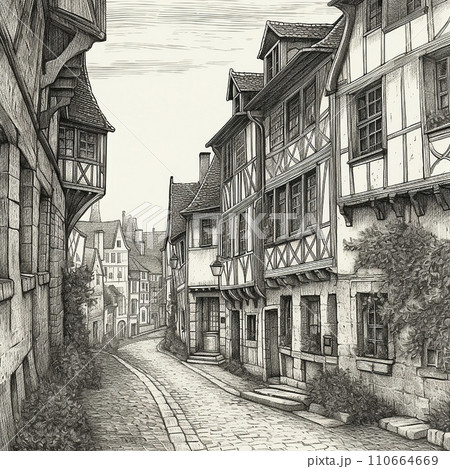 French medieval street, ancient houses, black - Stock