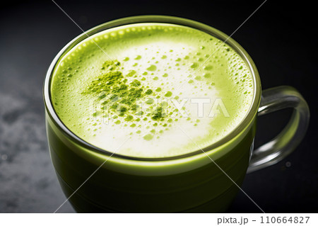 Matcha latte, velvety texture and rich color. The fine bubbles on the surface 110664827