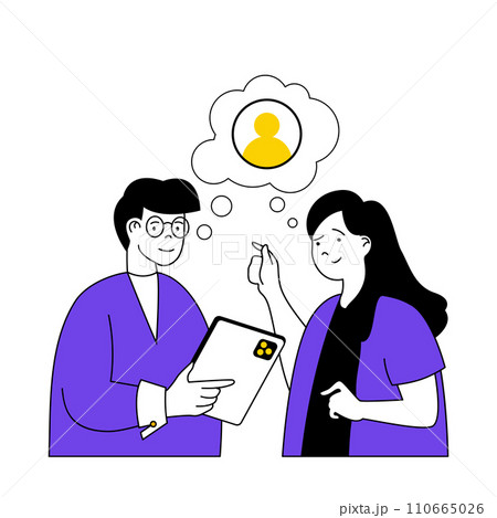 Recruitment concept with cartoon people in flat design for web. Woman and man discussing new candidate to open vacancy and contract. Vector illustration for social media banner, marketing material. Recruitment concept with cartoon people in flat design for web. Woman and man discussing new candidate to open vacancy and contract. Vector illustration for social media banner, marketing material. 110665026