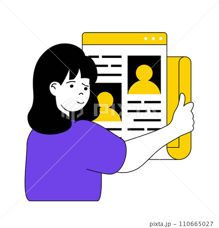 Recruitment concept with cartoon people in flat design for web. Woman looking new staff in office, researching cv at online platform. Vector illustration for social media banner, marketing material. 110665027