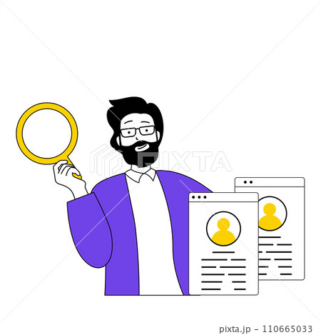 Recruitment concept with cartoon people in flat design for web. Man with magnifier searching employees at open vacancies at company. Vector illustration for social media banner, marketing material. Recruitment concept with cartoon people in flat design for web. Man with magnifier searching employees at open vacancies at company. Vector illustration for social media banner, marketing material. 110665033