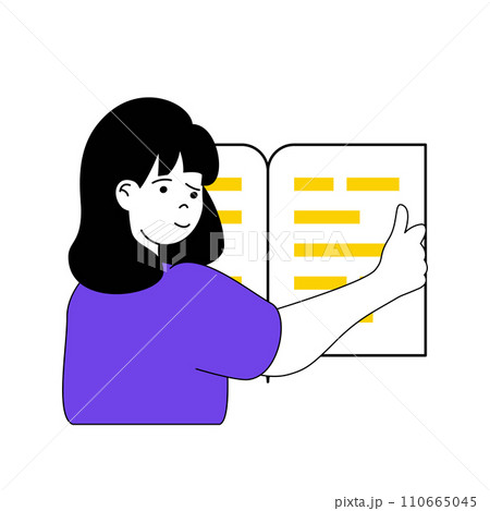 Book reading concept with cartoon people in flat design for web. Woman holds open book, researches text document, learns with textbook. Vector illustration for social media banner, marketing material. 110665045