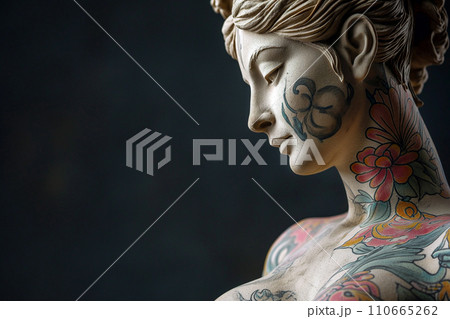 Classical greek goddess sculpture with modern hand drawn colorful tattoos. Heavily tattooed classic statue, modern art concept, tattoo shop promotion idea, copy space for text. 110665262