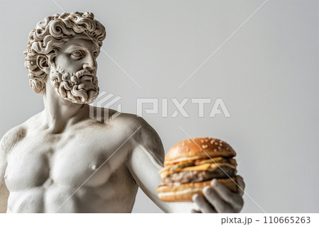 Ancient Greek god sculpture holding a burger. Fit man marble statue offers a cheeseburger. Fast food, overeating, bad diet, unhealthy eating habits concept, copy space. Restaurant menu mockup Ancient Greek god sculpture holding a burger. Fit man marble statue offers a cheeseburger. Fast food, overeating, bad diet, unhealthy eating habits concept, copy space. Restaurant menu mockup 110665263