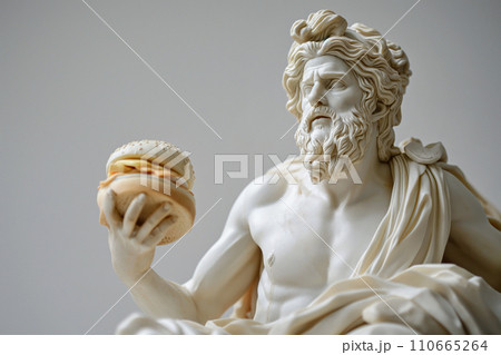 Ancient Greek god sculpture holding a burger. Fit man marble statue offers a cheeseburger. Fast food, overeating, bad diet, unhealthy eating habits concept, copy space. Restaurant menu mockup 110665264