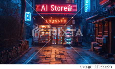 AI store or workshop on cyberpunk city street at night, neon signs on dark grungy alley with blue and red light. Concept of dystopia, anime, technology and future 110665684