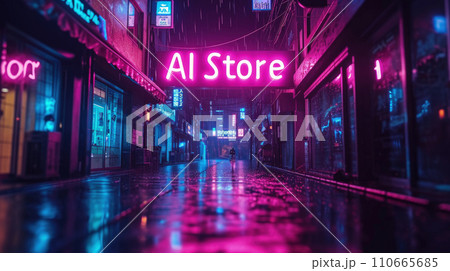Neon sign AI Store in cyberpunk city at night, robot shops on dark grungy street with purple light. Concept of dystopia, anime, futuristic technology, rain and future 110665685