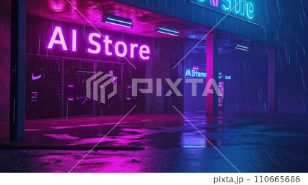 City street in rain at night with neon sign of AI Store, dark gloomy buildings with purple and blue light. Concept of dystopia, cyberpunk, futuristic technology and future City street in rain at night with neon sign of AI Store, dark gloomy buildings with purple and blue light. Concept of dystopia, cyberpunk, futuristic technology and future 110665686