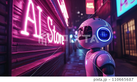 Robot looks at neon sign of AI Store on city street at night, dark cyberpunk alley with purple and blue light. Concept of dystopia, futuristic technology and future Robot looks at neon sign of AI Store on city street at night, dark cyberpunk alley with purple and blue light. Concept of dystopia, futuristic technology and future 110665687