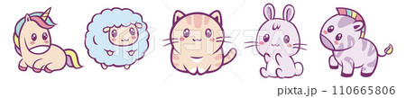 Kawaii cute animals set. Cheerful cartoon cat and hare Kawaii cute animals set. Cheerful cartoon cat and hare 110665806