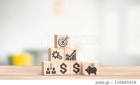 The  icon on wood cube  for Business concept 3d rendering. 110665916