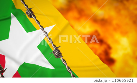 The Myanmar flag and barb 3d rendering. 110665921