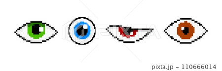 Pixel eyes set. Green pupil with squinted red and round blue 110666014