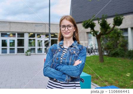 Portrait of teenage high school student girl with backpack, outdoor Portrait of teenage high school student girl with backpack, outdoor 110666441