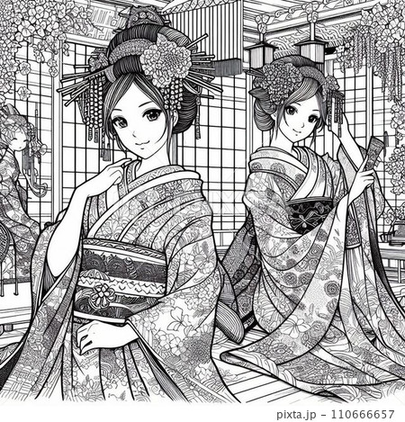 塗り絵 女性 着物姿のイラスト素材 [110666657] - PIXTA