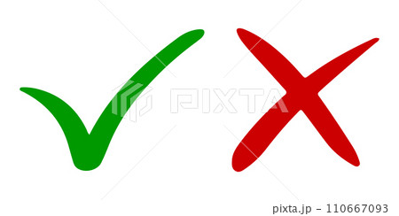 Hand drawn of Green check mark and Red cross isolated. Right and wrong icon. Vector illustration. 110667093