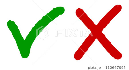 Hand drawn of Green check mark and Red cross isolated. Right and wrong icon. Vector illustration. 110667095
