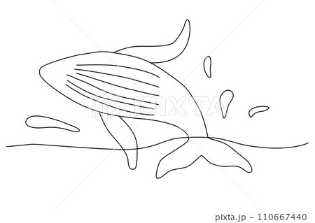 Whale jumping from water with splashes, doodle style flat vector outline for coloring book 110667440