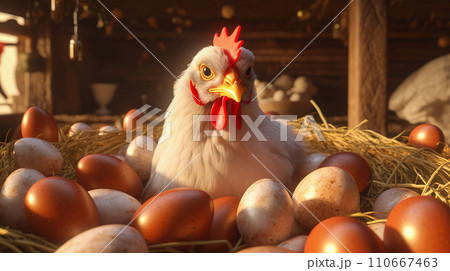 抱卵中の鶏とたくさんの卵「AI生成画像」 抱卵中の鶏とたくさんの卵「AI生成画像」 110667463