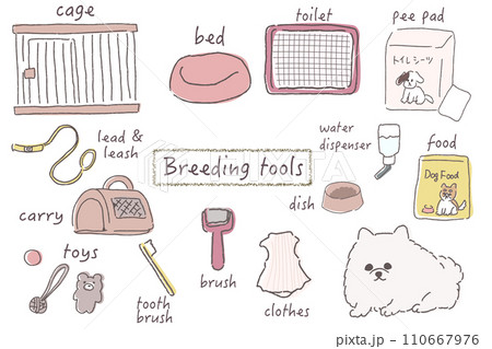 犬を飼うときの必須アイテム・お世話道具素材集 道具の名前入り 背景なし 犬を飼うときの必須アイテム・お世話道具素材集 道具の名前入り 背景なし 110667976