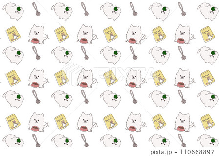 ご飯を食べて遊ぶポメラニアンのパターン背景　透明 110668897