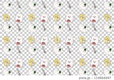 ご飯を食べて遊ぶポメラニアンのパターン背景　透明 110668897