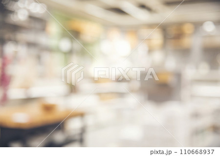 Blurred background shopping mall light bokeh business event in retail store. Blurry abstract background of store grocery. Blur Convention hall center audience present display goods products on shelf. 110668937