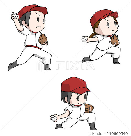 野球のピッチャーの投げ方のイラスト3パターン・女子 110669540