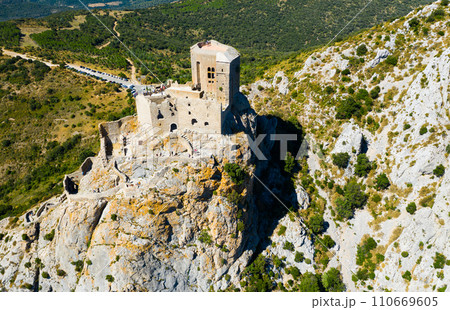 View of medieval Chateau de Queribus castle. Aude department. France 110669605