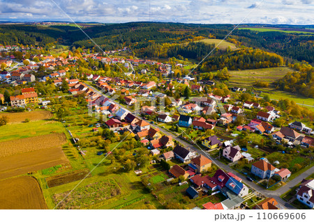 Aerial view of Czech village Ostrov u Macochy 110669606