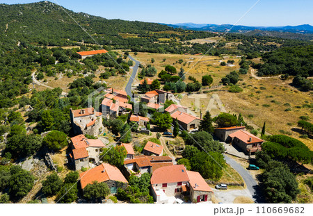 Panoramic view from the drone on the city Marcevol. Eastern Pyrenees Panoramic view from the drone on the city Marcevol. Eastern Pyrenees 110669682