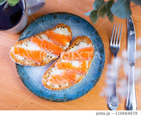 Two appetizing sandwiches with salmon Two appetizing sandwiches with salmon 110669878
