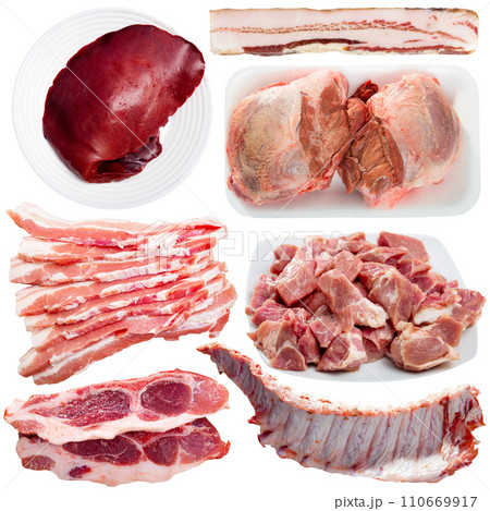 Assorted types of raw pork meat isolated 110669917