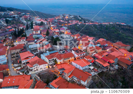 Aerial view of Sighnaghi overlooking Alazani Valley at twilight 110670309